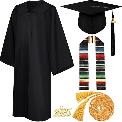 Syhood 7 Pcs 2025 Unisex Black Graduation Matte Gown Cap Tassel African Kente Mexican Stole Set Honor Cord for Black Girl Boy in Saudi Arabia