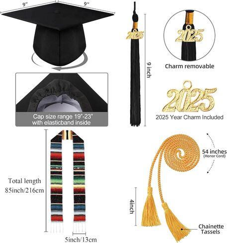 Syhood 7 Pcs 2025 Unisex Black Graduation Matte Gown Cap Tassel African Kente Mexican Stole Set Honor Cord for Black Girl Boy in Saudi Arabia