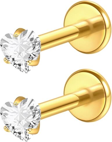 2Pcs 18G 16G G23 Titanium Internally Threaded Nose Stud Earrings Flat Back Heart CZ Nose Helix Cartilage Tragus Conch Labret Medusa Monroe Piercing Jewelry for Women Men in Saudi Arabia