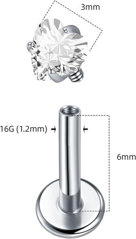 2Pcs 18G 16G G23 Titanium Internally Threaded Nose Stud Earrings Flat Back Heart CZ Nose Helix Cartilage Tragus Conch Labret Medusa Monroe Piercing Jewelry for Women Men in Saudi Arabia