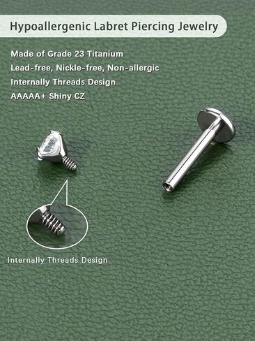 2Pcs 18G 16G G23 Titanium Internally Threaded Nose Stud Earrings Flat Back Heart CZ Nose Helix Cartilage Tragus Conch Labret Medusa Monroe Piercing Jewelry for Women Men in Kuwait