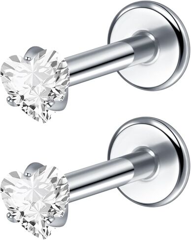 2Pcs 18G 16G G23 Titanium Internally Threaded Nose Stud Earrings Flat Back Heart CZ Nose Helix Cartilage Tragus Conch Labret Medusa Monroe Piercing Jewelry for Women Men in Kuwait