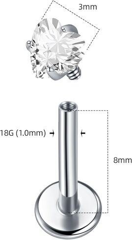 2Pcs 18G 16G G23 Titanium Internally Threaded Nose Stud Earrings Flat Back Heart CZ Nose Helix Cartilage Tragus Conch Labret Medusa Monroe Piercing Jewelry for Women Men in Kuwait