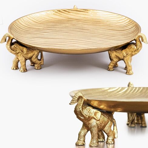 Round Decorative Tray with Elephant Stands - Gold Tray for Coffee Table, Home Decor, Centerpiece, Living or Dining Room, Serving Platter, & More - Circular Tray with Symbolic Elephants - Yellow Gold in Saudi Arabia