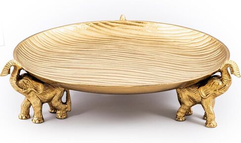 Round Decorative Tray with Elephant Stands - Gold Tray for Coffee Table, Home Decor, Centerpiece, Living or Dining Room, Serving Platter, & More - Circular Tray with Symbolic Elephants - Yellow Gold in Saudi Arabia