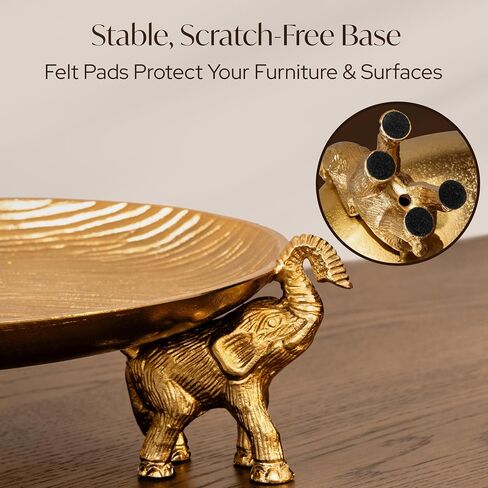 Round Decorative Tray with Elephant Stands - Gold Tray for Coffee Table, Home Decor, Centerpiece, Living or Dining Room, Serving Platter, & More - Circular Tray with Symbolic Elephants - Yellow Gold in Saudi Arabia