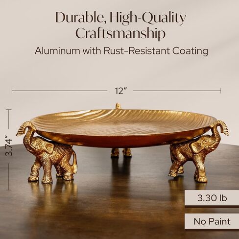 Round Decorative Tray with Elephant Stands - Gold Tray for Coffee Table, Home Decor, Centerpiece, Living or Dining Room, Serving Platter, & More - Circular Tray with Symbolic Elephants - Yellow Gold in Saudi Arabia