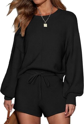 Ekouaer Womens 2 Piece Knit Sweatsuit Long Sleeve Tops and Shorts Pajamas Fashion Outfits Casual Lounge Set with Pockets in Kuwait