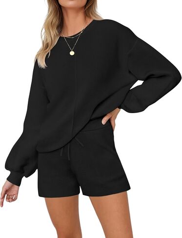 Ekouaer Womens 2 Piece Knit Sweatsuit Long Sleeve Tops and Shorts Pajamas Fashion Outfits Casual Lounge Set with Pockets in Kuwait