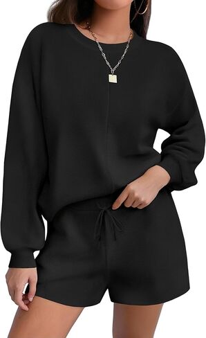 Ekouaer Womens 2 Piece Knit Sweatsuit Long Sleeve Tops and Shorts Pajamas Fashion Outfits Casual Lounge Set with Pockets in Kuwait