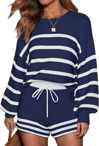 Ekouaer Womens 2 Piece Knit Sweatsuit Long Sleeve Tops and Shorts Pajamas Fashion Outfits Casual Lounge Set with Pockets in Saudi Arabia