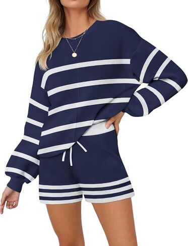 Ekouaer Womens 2 Piece Knit Sweatsuit Long Sleeve Tops and Shorts Pajamas Fashion Outfits Casual Lounge Set with Pockets in Saudi Arabia