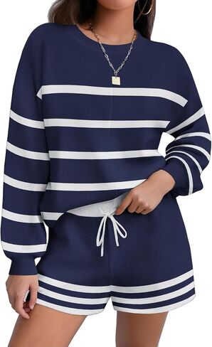 Ekouaer Womens 2 Piece Knit Sweatsuit Long Sleeve Tops and Shorts Pajamas Fashion Outfits Casual Lounge Set with Pockets in Saudi Arabia