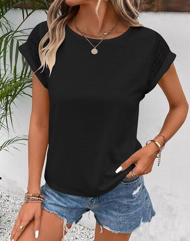 Bliwov Womens Tops Contrast Lace Cap Sleeve T Shirts 2025 عرضًا عارض in Kuwait