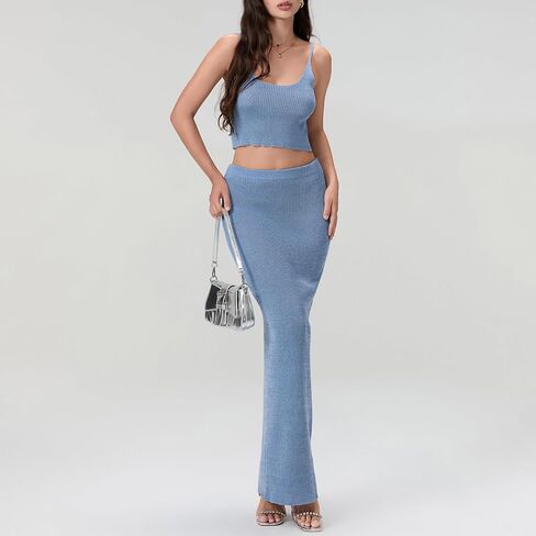 Women Two Piece Skirt Outfits Sleeveless Spaghetti Strap Scoop Neck Cami Tops Bodycon Sexy Maxi Skirts Sets Summer in Saudi Arabia