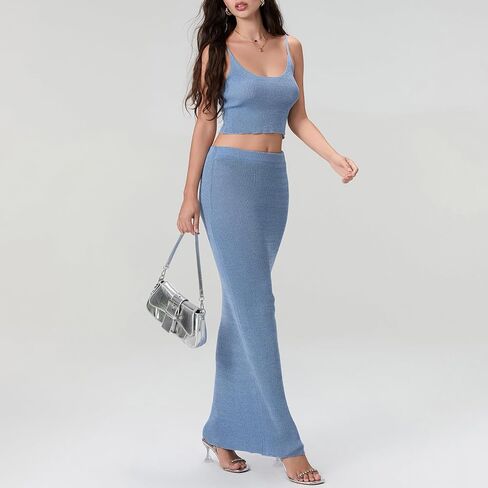 Women Two Piece Skirt Outfits Sleeveless Spaghetti Strap Scoop Neck Cami Tops Bodycon Sexy Maxi Skirts Sets Summer in Saudi Arabia