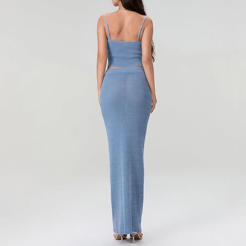 Women Two Piece Skirt Outfits Sleeveless Spaghetti Strap Scoop Neck Cami Tops Bodycon Sexy Maxi Skirts Sets Summer in Saudi Arabia