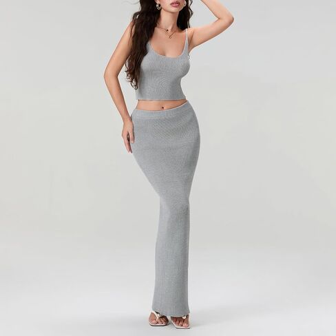 Women Two Piece Skirt Outfits Sleeveless Spaghetti Strap Scoop Neck Cami Tops Bodycon Sexy Maxi Skirts Sets Summer in Saudi Arabia