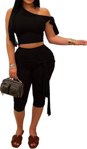 CXXQ Sexy 2 Piece Outfits Off Shoulder Self Tie Crop Tops and Capri Legging Set Tracksuits Clubwear in Kuwait