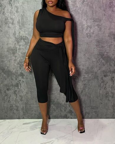 CXXQ Sexy 2 Piece Outfits Off Shoulder Self Tie Crop Tops and Capri Legging Set Tracksuits Clubwear in Kuwait