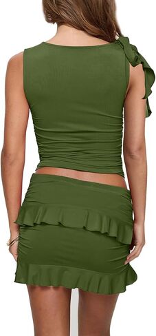 HESUUIO Women's Two Piece Skirt Set Summer High Waist Ruffle Y2K Mini Skirts Sleeveless Crop Tops Going Out Outfits in Saudi Arabia