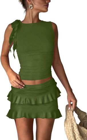 HESUUIO Women's Two Piece Skirt Set Summer High Waist Ruffle Y2K Mini Skirts Sleeveless Crop Tops Going Out Outfits in Saudi Arabia
