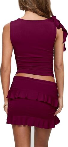 HESUUIO Women's Two Piece Skirt Set Summer High Waist Ruffle Y2K Mini Skirts Sleeveless Crop Tops Going Out Outfits in Saudi Arabia