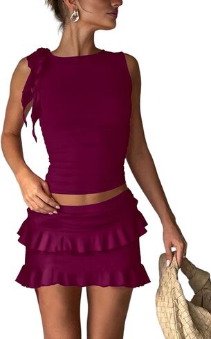 HESUUIO Women's Two Piece Skirt Set Summer High Waist Ruffle Y2K Mini Skirts Sleeveless Crop Tops Going Out Outfits in Saudi Arabia