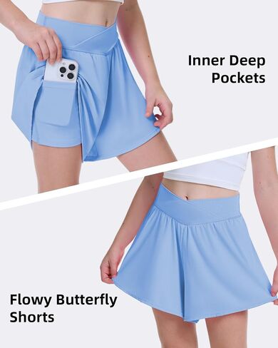 FireSwan Girls Butterfly Shorts Crossover Athletic Shorts with Pockets 2 in 1 Flowy Running Skorts for Teen, Girls, Youth in Saudi Arabia