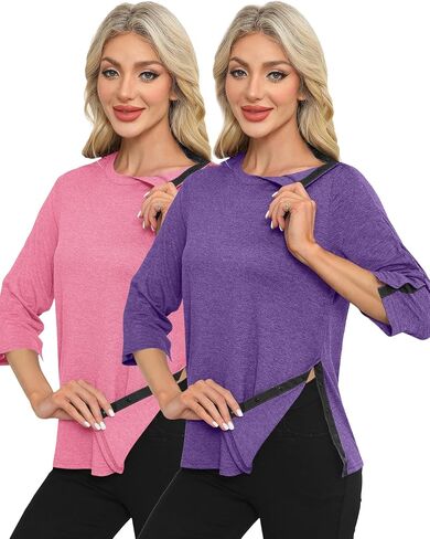Poriff Women's Full Snap Post Shoulder Surgery Shirts 3/4 Sleeve Chemo Port Tops After Rotator Cuff Adaptive Clothing S - XXL in Kuwait