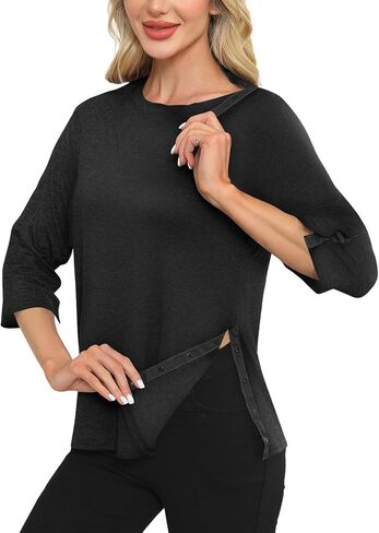 Poriff Women's Full Snap Post Shoulder Surgery Shirts 3/4 Sleeve Chemo Port Tops After Rotator Cuff Adaptive Clothing S - XXL in Kuwait