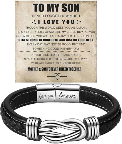 To My Son Infinity Knot Bracelet From Mom, Forever Linked Together Stainless Steel Braided Leather Inspirational Bracelets Engraved Love You Forever Birthday Gift Jewelry in Kuwait