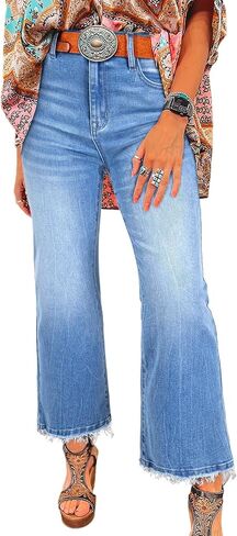 Astylish Womens High Waisted Jeans Stretchy Flared Straight Leg Loose Trendy Raw Hem Denim Pants in Saudi Arabia