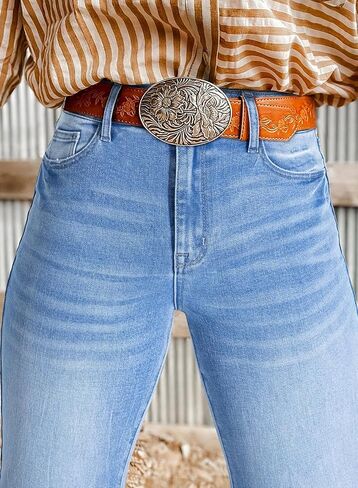 Astylish Womens High Waisted Jeans Stretchy Flared Straight Leg Loose Trendy Raw Hem Denim Pants in Saudi Arabia