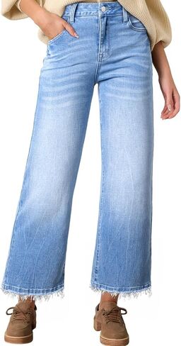 Astylish Womens High Waisted Jeans Stretchy Flared Straight Leg Loose Trendy Raw Hem Denim Pants in Saudi Arabia