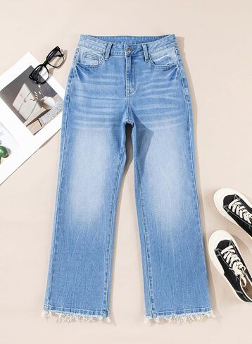 Astylish Womens High Waisted Jeans Stretchy Flared Straight Leg Loose Trendy Raw Hem Denim Pants in Saudi Arabia