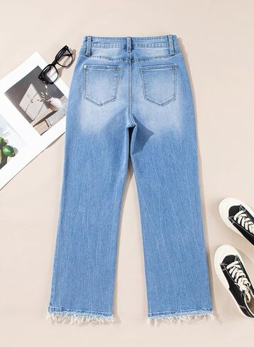 Astylish Womens High Waisted Jeans Stretchy Flared Straight Leg Loose Trendy Raw Hem Denim Pants in Saudi Arabia