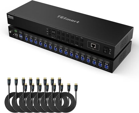 TESmart 16x1 HDMI KVM Switch 16 Port Enterprise Grade Support 4K 60Hz Ultra HD Console Rack Mount Switcher with 8 Pcs 5ft KVM Cable,USB 2.0 Device Control up to 16 PCs/Servers,RS232,LAN Port Control in Saudi Arabia