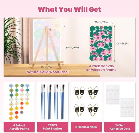 4 Pack Paint by Number Kit for Adults Framed Canvas, DIY Adult Paint by Number Kits with Easel, Acrylic Easy Paint by Numbers for Beginners, Flower Vase Arts and Crafts for Home Decor 8x12inch in Kuwait