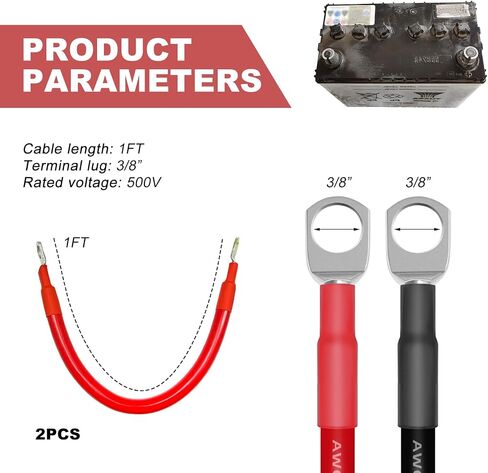 2 PCS 2 AWG Battery Cable, 1/2 Feet Flexible Battery Inverter Cable with 3/8" Lugs Terminals Copper Wire, Battery Gauge Wire Set for Auto Truck Solar Marine Boat Motorcycle in Kuwait