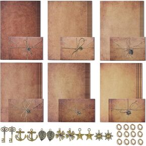 Vintage Stationary Paper and Envelopes Set - 24 Sheets Vintage Letter Papers, 12 Envelopes, 12 Retro Pendant, 12 Rope, Aged Stationery Letter Writing Paper and Envelopes Se