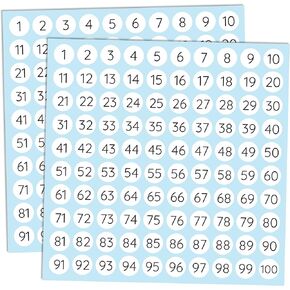 25 Sheets, 1 to 100, Number Stickers Labels - 0.4" Round, Pack of 2500