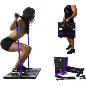 Home Gym 2.0 - Full Portable Gym Home Workout Package + 1 Set of Resistance Bands - Collapsible Resistance Bar, Handles - Full Body Workouts for Home, Travel or Outside - Purple