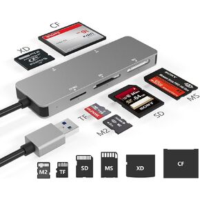 USB3.0 XD Card Reader, USB 3.0 (5Gps) High Speed TF/SD/MS/M2/XD/CF Memory Card Solt Combo Adapter, 6 in 1 Aluminum Card Reader,Compatible with Windows XP/Vista / 7/8 / 8.1/10, Mac OS, Linux