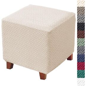 Ottoman Cover Square Jacquard Stretch Square Ottoman Slipcovers Thick Folding Storage Covers Square Footstool Protector with Elastic Bottom for Living Room S Beige