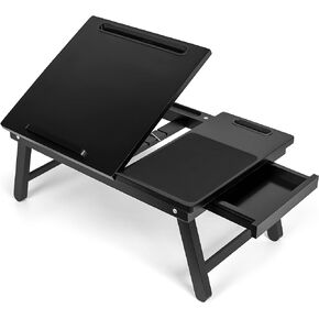 Laptop Bed Tray w/Storage Drawer| Adjustable Folding Legs & Mouse Pad | Portable Computer Desk - Laptops Up to 15" - Tablet Up to 9.6" | WFH, Wooden Study Table - Couch & Bed | Espresso