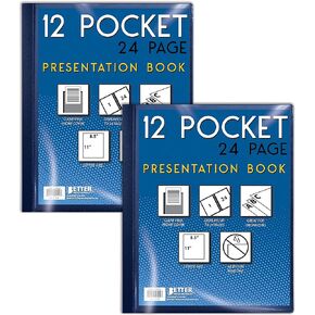 Better Office Products 12 Pocket Bound Presentation Book, Blue, Clear View Front Cover, 24 Sheet Protector Pages, 8.5" x 11" Sheets, Art Portfolio, Durable Poly Covers, Letter Size (2 Pack)