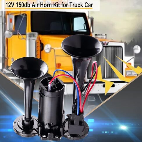 12V 150DB Air Horn for Truck for Train,Car Horns Loud Truck Horn Air Horn with Compressor for Truck Boat Train Speaker Cars Van Ship (Black) in Kuwait