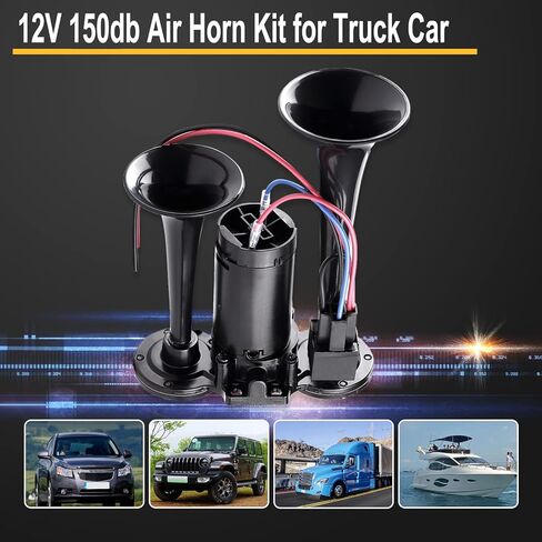 12V 150DB Air Horn for Truck for Train,Car Horns Loud Truck Horn Air Horn with Compressor for Truck Boat Train Speaker Cars Van Ship (Black) in Kuwait