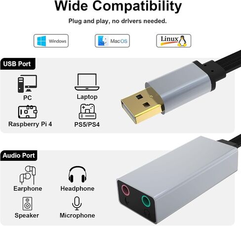 محول صوت USB إلى 3.5 ملم، محول صوت ستيريو خارجي 2 في 1 USB مع سماعة رأس TRS مزدوجة ومقبس ميكروفون لجهاز صوت USB، ويندوز، ماك، لينكس، الكمبيوتر الشخصي، أجهزة الكمبيوتر المحمولة، أجهزة الكمبيوتر المكتبية، PS4 in Saudi Arabia